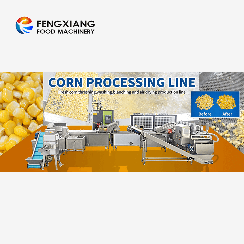 Línea industrial de procesamiento de maíz dulce Fengxiang para trilla, escaldado, lavado, deshidratación, empaquetadora